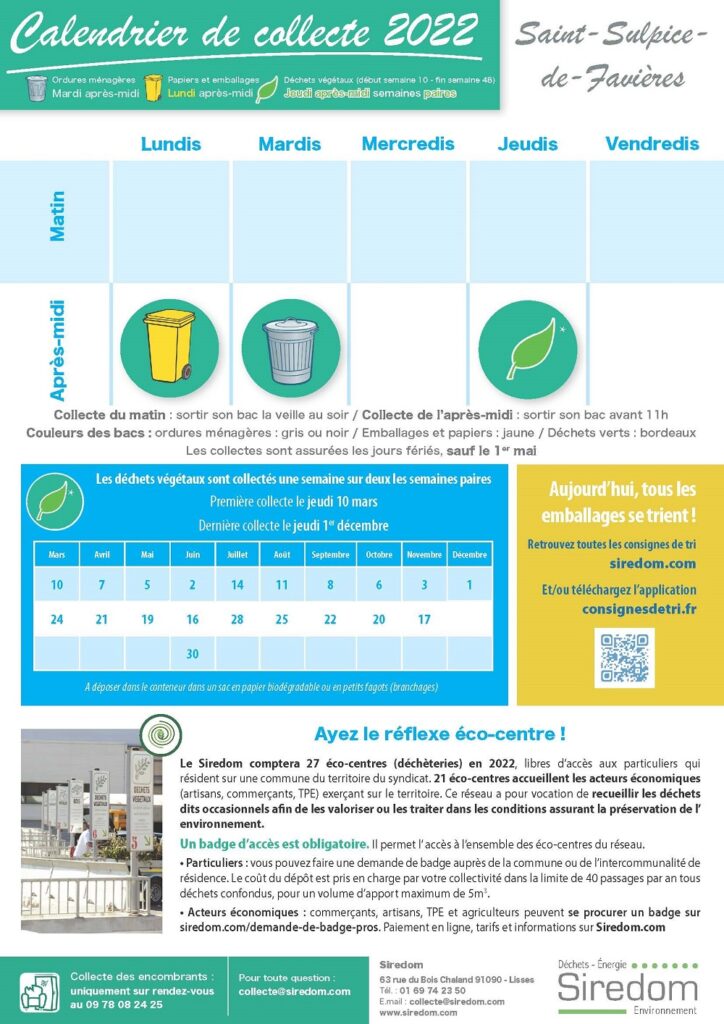 Calendrier de collecte des déchets 2022 St-Sulpice-de-Favières-